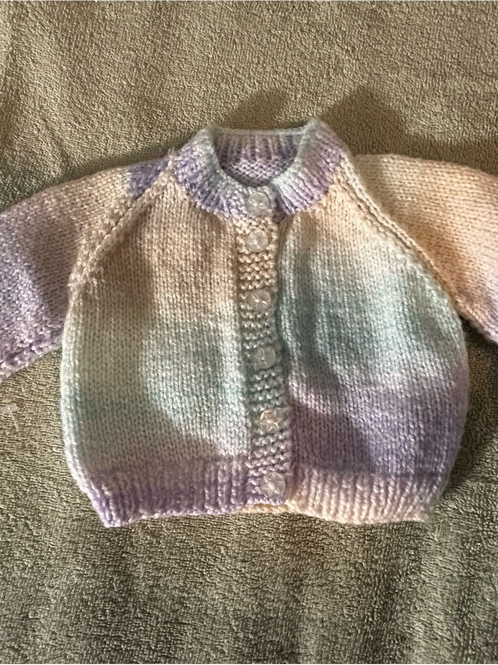 Hand Crafted Pastel Purple, Cream & Blue Baby Cardigan